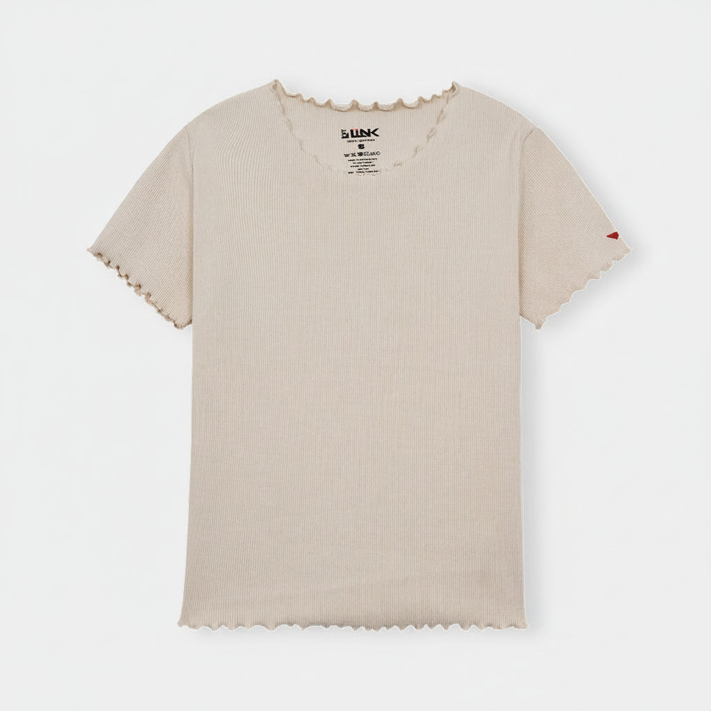 Women Beige Ribbed Lettuce Hem Tee