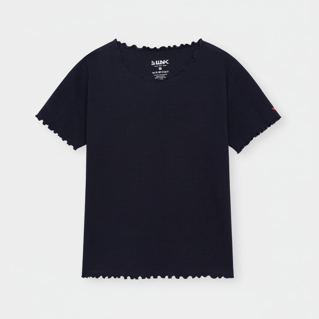Navy Ribbed Lettuce Hem Tee