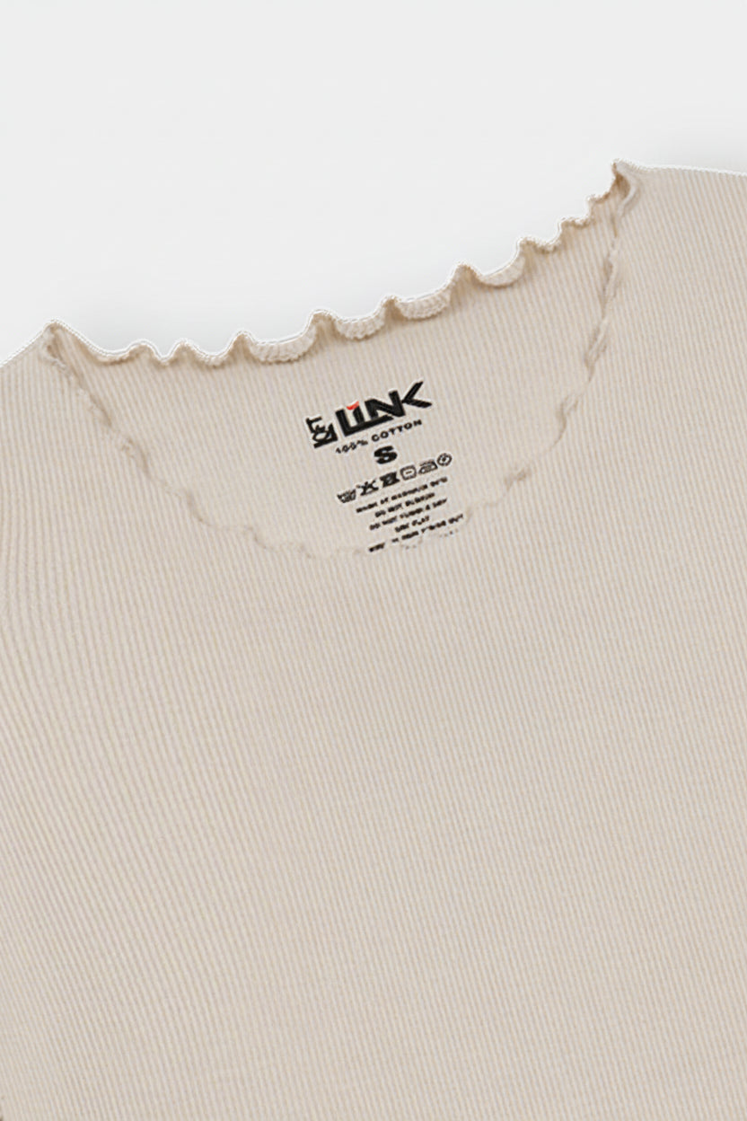 Women Beige Ribbed Lettuce Hem Tee