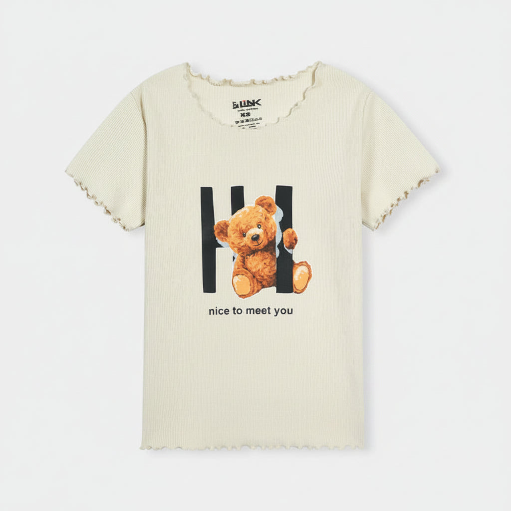 Womens Cream Ribbed T-Shirt with Teddy Print