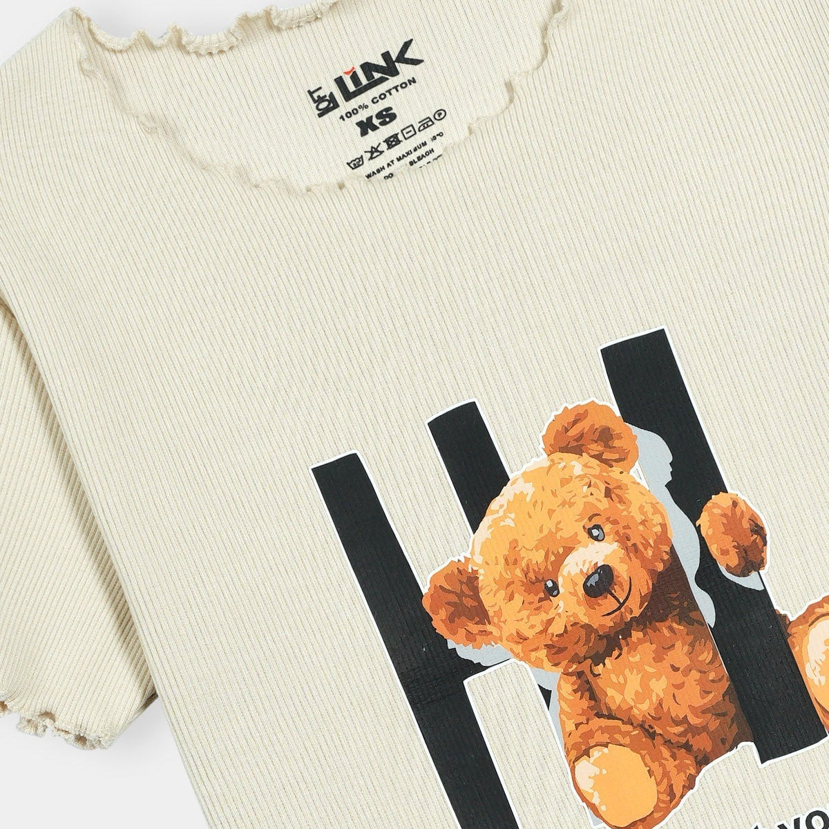 Womens Cream Ribbed T-Shirt with Teddy Print