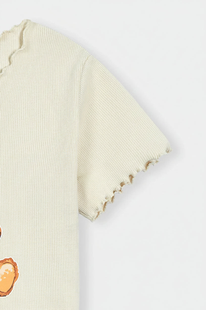 Womens Cream Ribbed T-Shirt with Teddy Print
