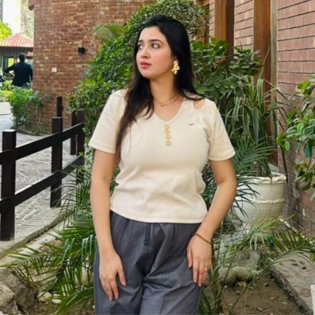 Short Sleeve Cream Color Buttoned V Neck With Shoulder Cut
