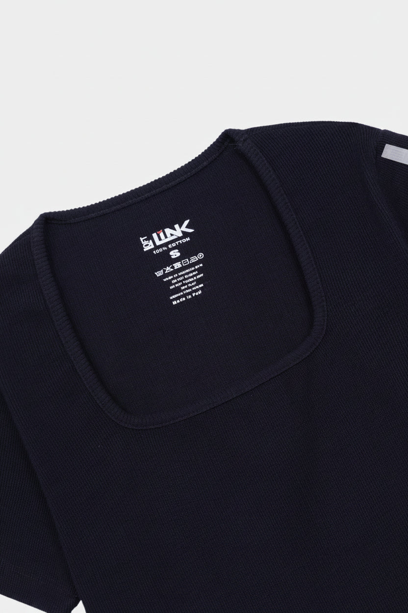 Womens  Navy Ribbed Square Neck T-Shirt