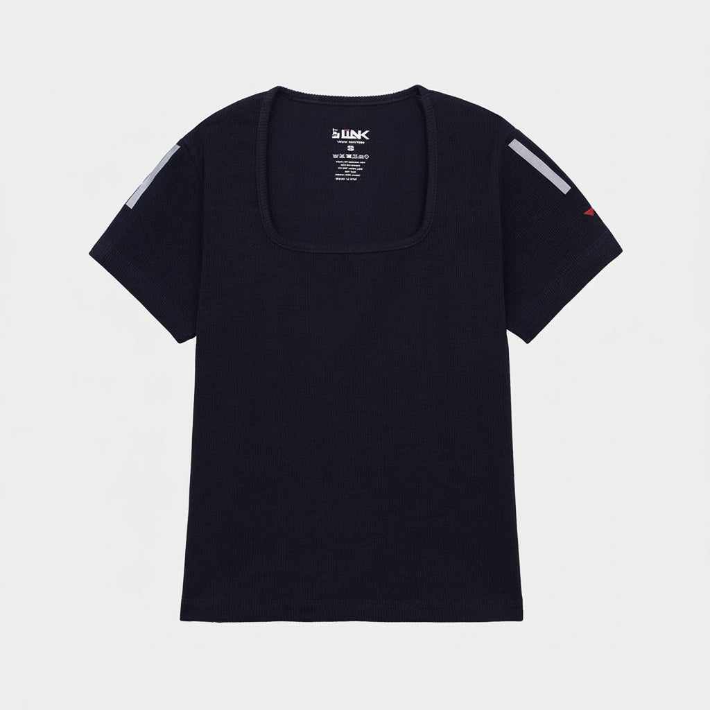 Womens  Navy Ribbed Square Neck T-Shirt