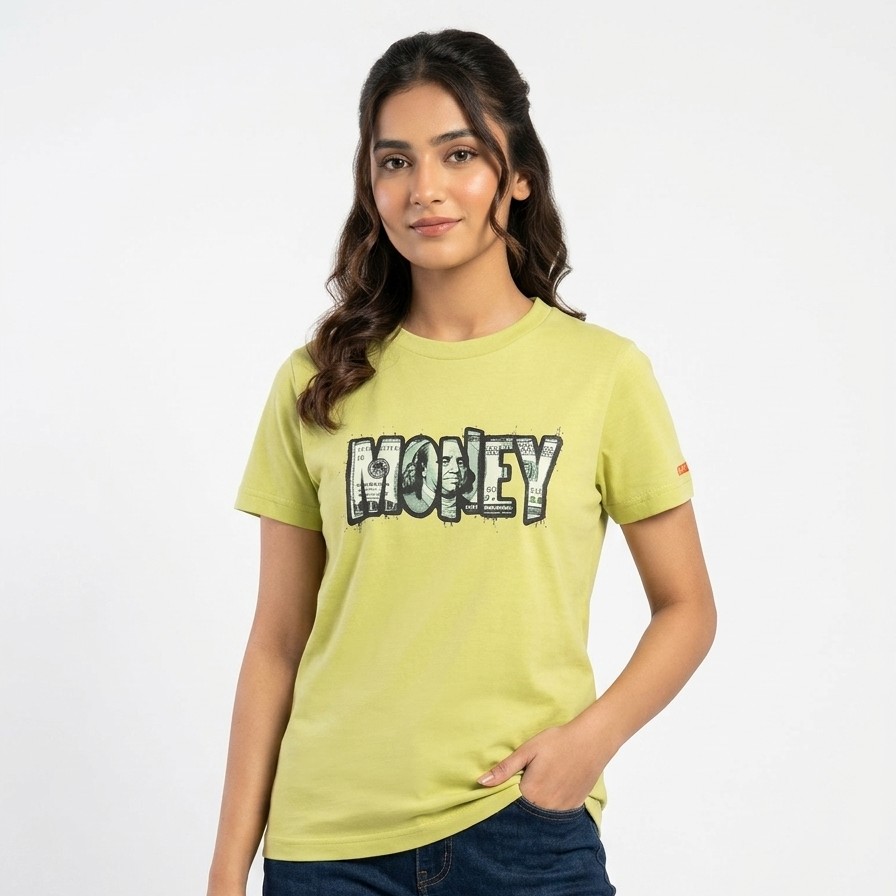 Women Green Money Printed Tee Shirt