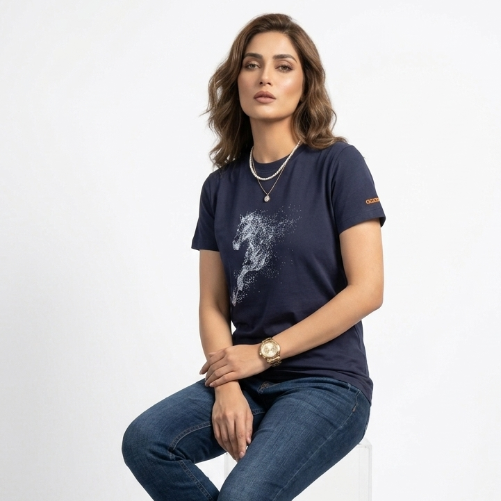 Women Navy Blue Horse Printed Tee Shirt