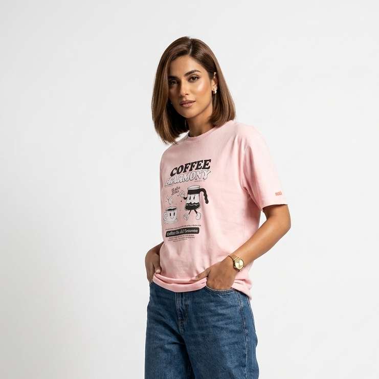 Pink Drop Shoulder Coffee Harmony Tee Shirt