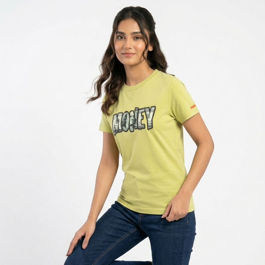 Women Green Money Printed Tee Shirt