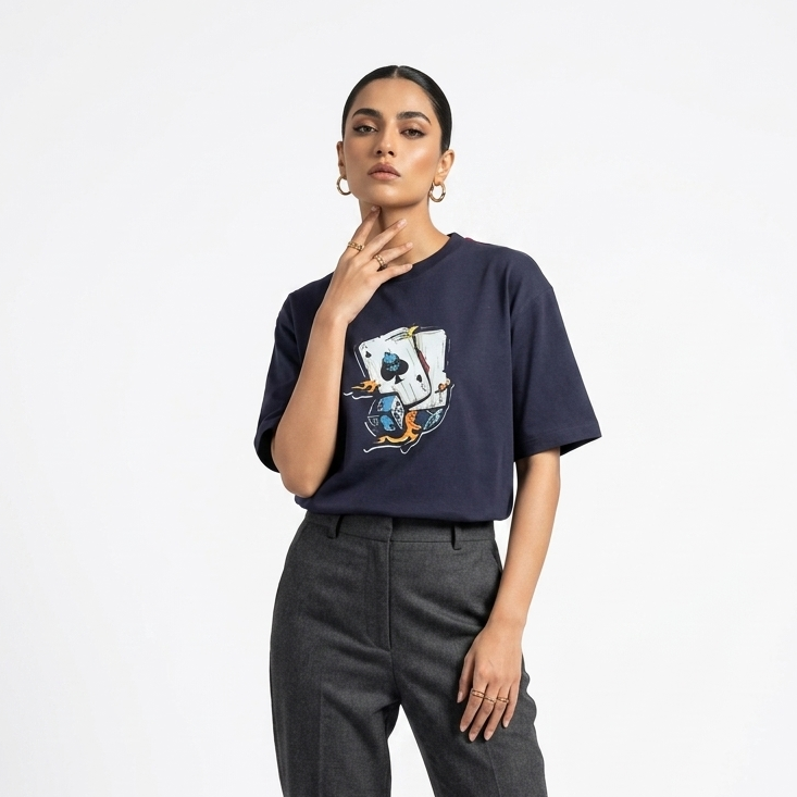 Women Navy Blue Ace Printed Tee Shirt