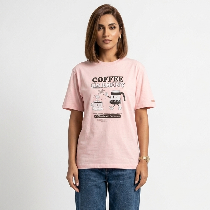 Pink Drop Shoulder Coffee Harmony Tee Shirt