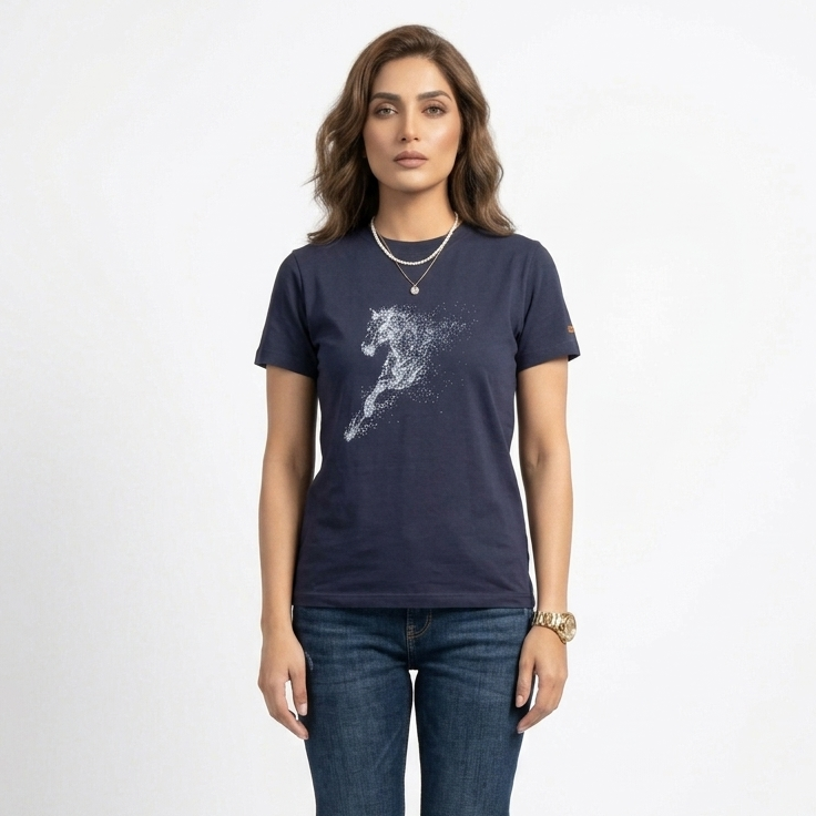 Women Navy Blue Horse Printed Tee Shirt