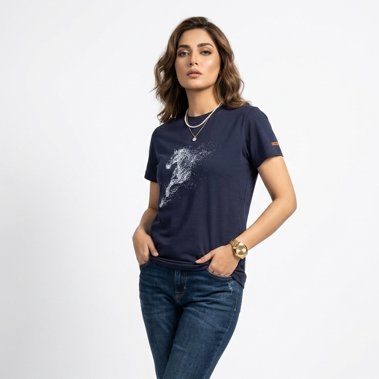 Women Navy Blue Horse Printed Tee Shirt