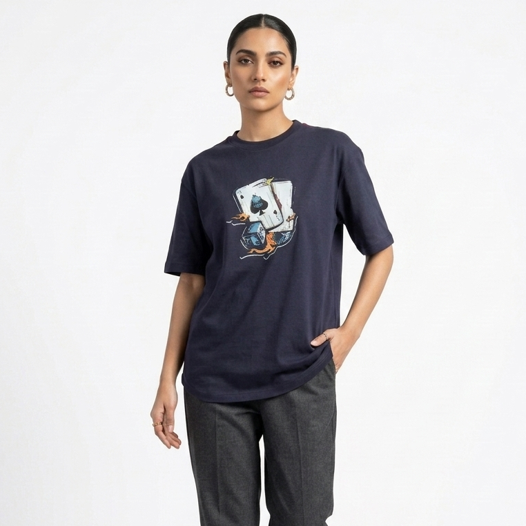 Women Navy Blue Ace Printed Tee Shirt
