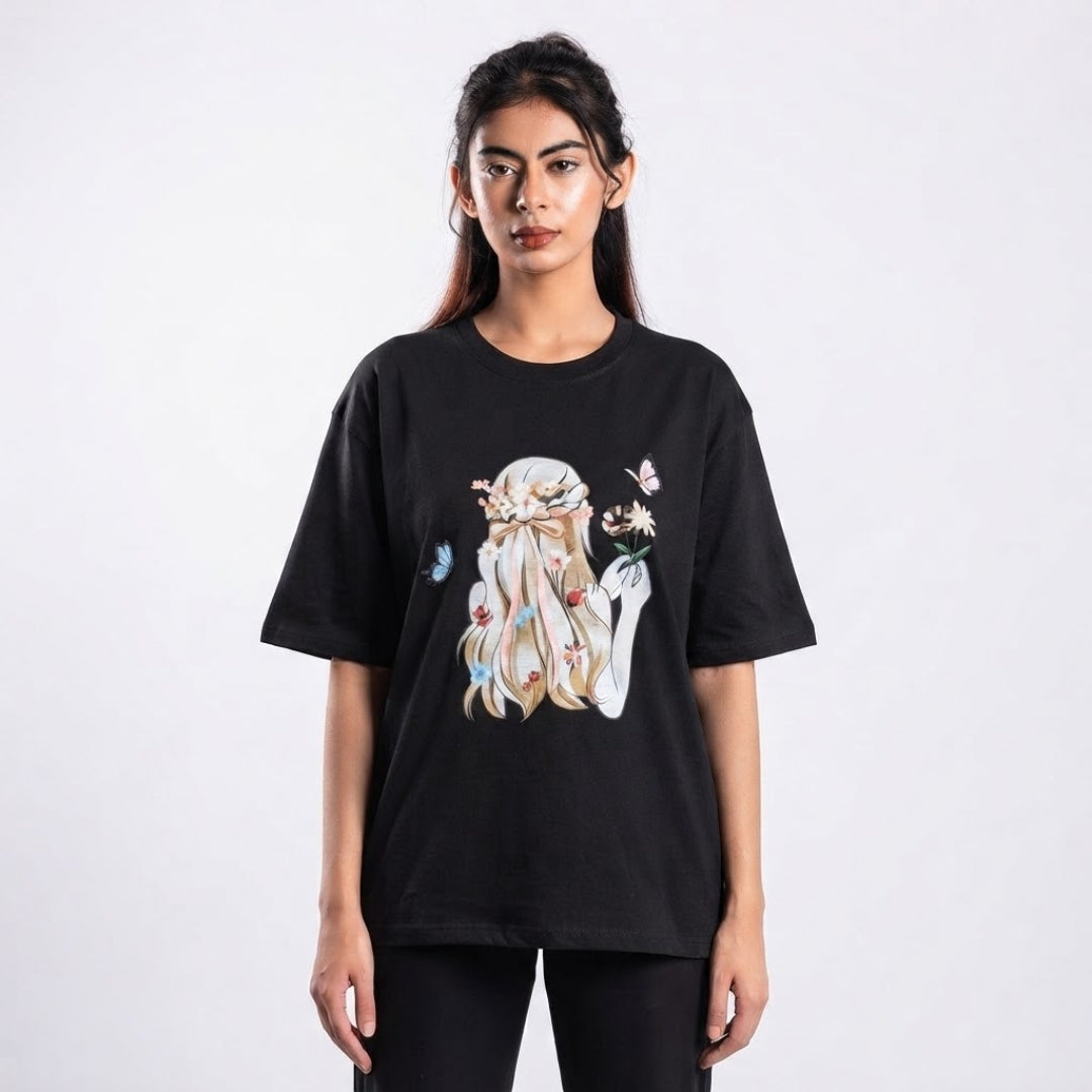 Black Drop Shoulder Barbie Print Tee Shirt