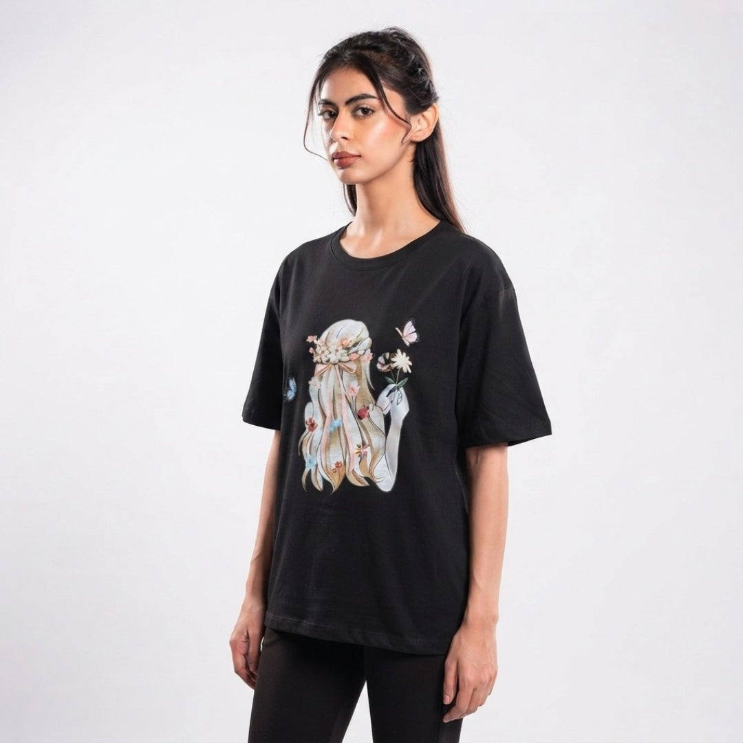 Black Drop Shoulder Barbie Print Tee Shirt