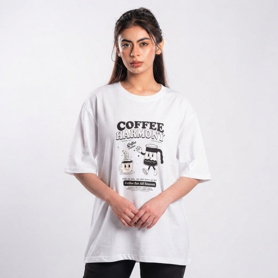 White Drop Shoulder Coffee Harmony Tee Shirt