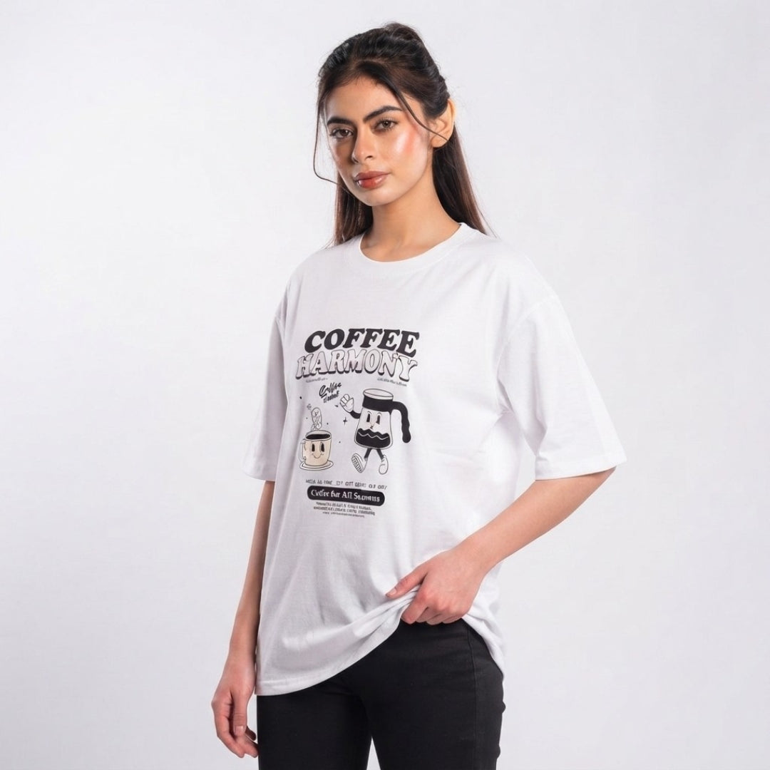 White Drop Shoulder Coffee Harmony Tee Shirt