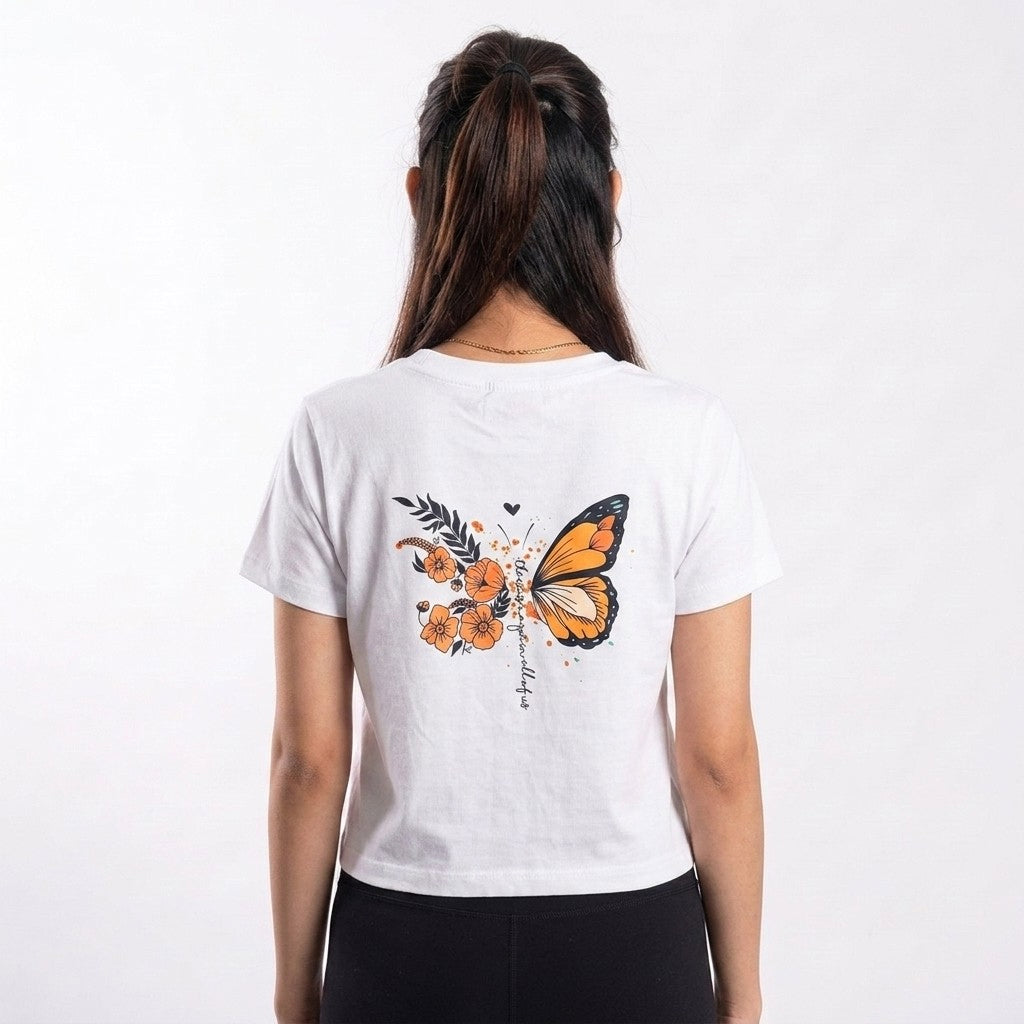 White Crop Top With Back Butterfly Print