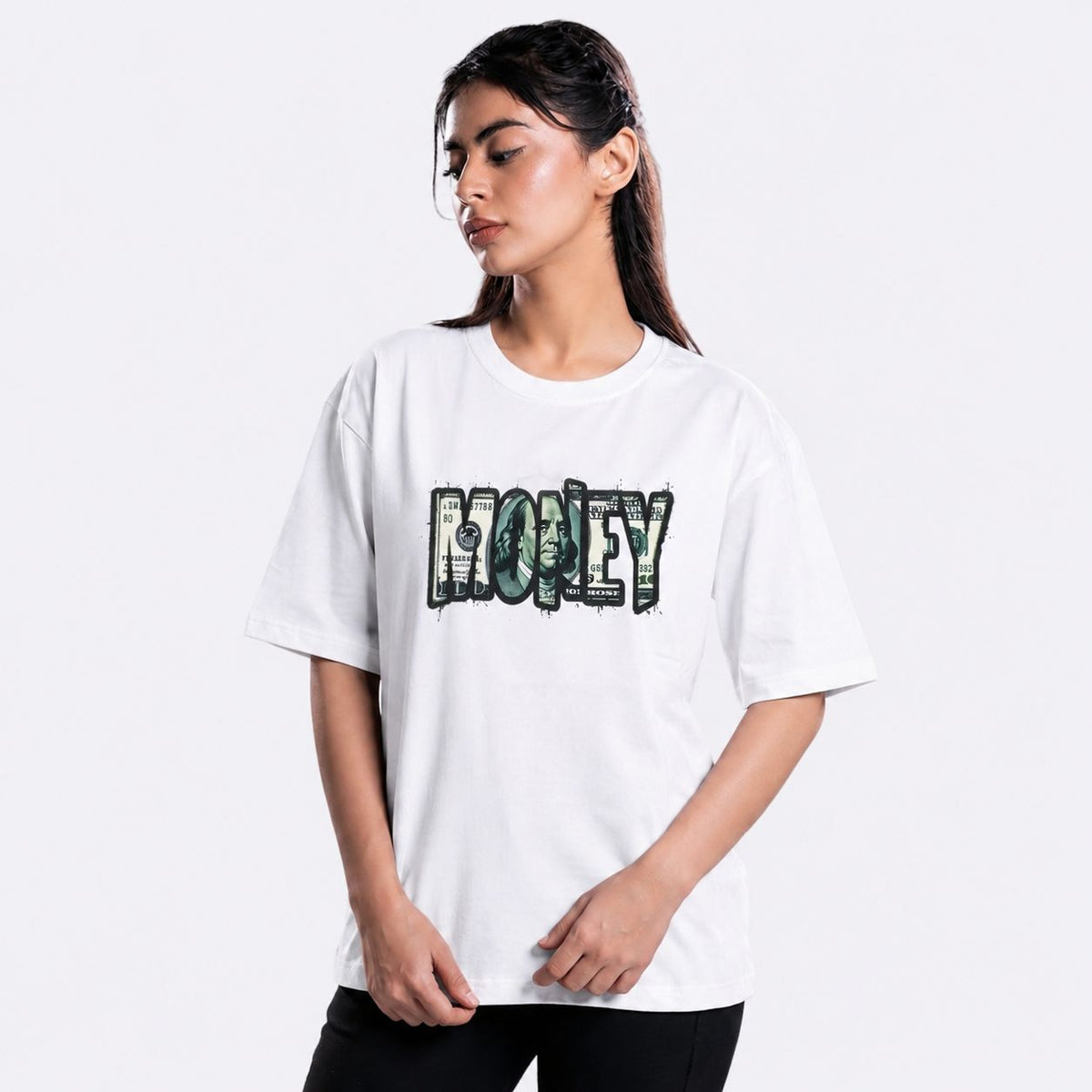 White Oversized Money Print Shirt