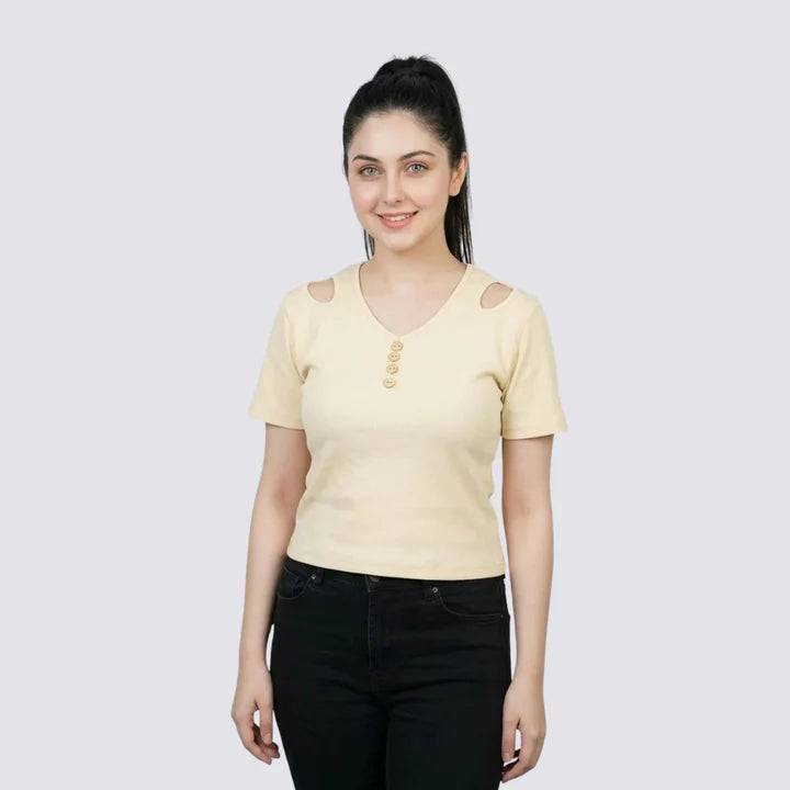 Short Sleeve Cream Color Buttoned V Neck With Shoulder Cut
