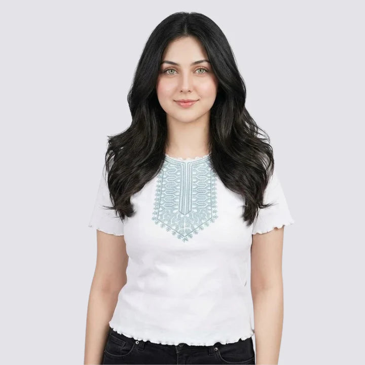 Short Sleeve Sky Blue Neck Align Galla Print Embroidery Look T-Shirt